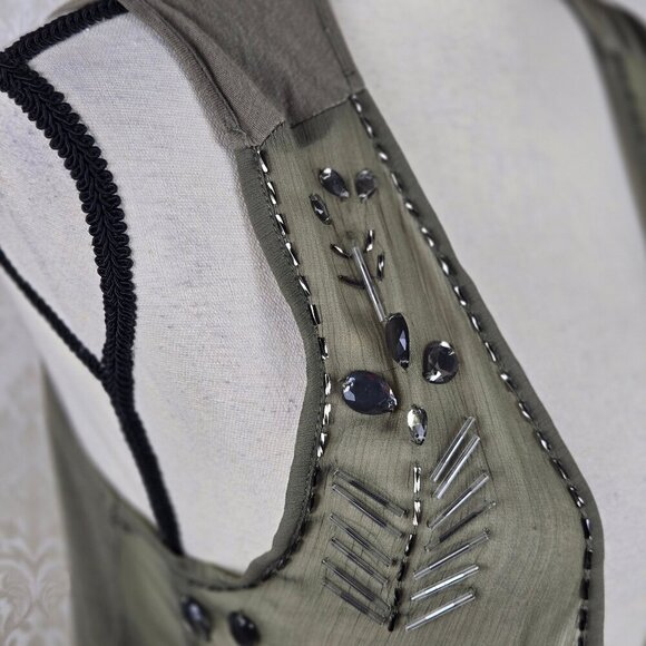 Bar III Size XS Olive Green Lightweight Vest Beaded Open Front Boho Festival - Picture 6 of 12